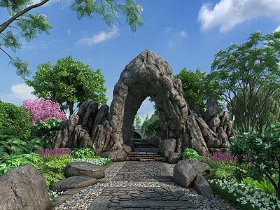 中式假山园林景观山洞石门3d模型