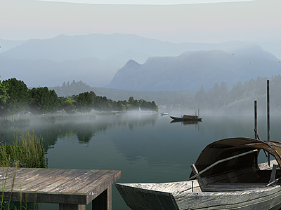 中式湖岸渡口景观模型3d模型