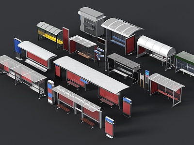 3d现代公交站台组合模型