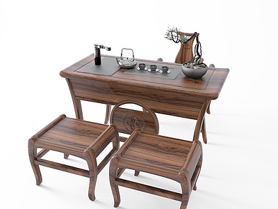 3d中式茶桌椅茶具模型