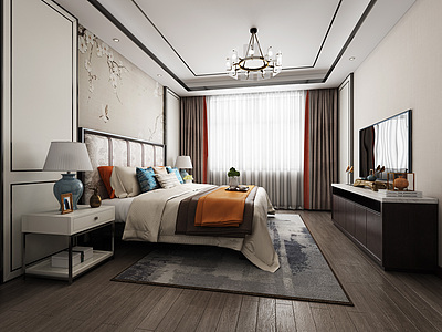 新中式卧室床电视柜模型3d模型