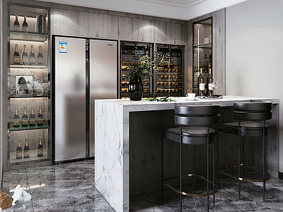 3d现代风格餐厅吧台酒柜冰箱模型