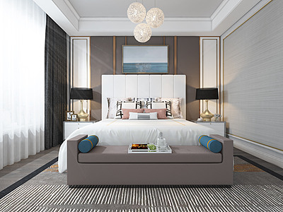 3d现代卧室床床头柜模型