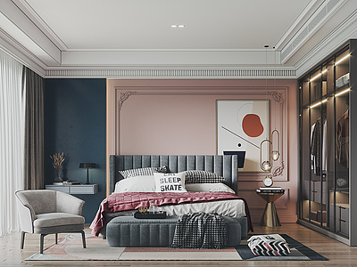 3d现代美式卧室床床尾凳模型