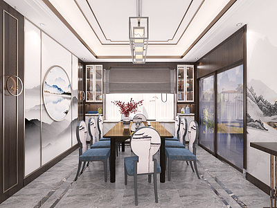 3d新中式客餐厅楼梯模型