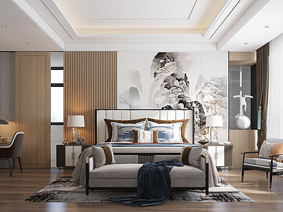 3d新中式卧室壁画双人床模型