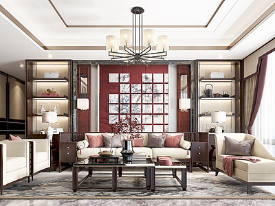 3d新中式客厅沙发茶几模型