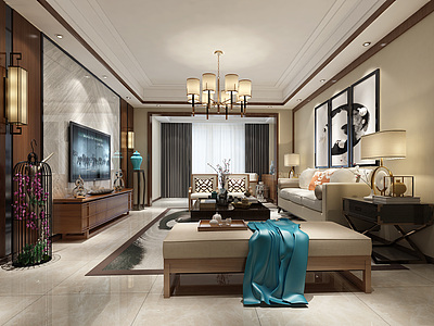 3d新中式风格家装客厅模型