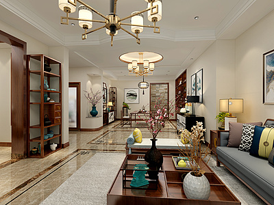 3d新中式客厅茶桌沙发装饰模型