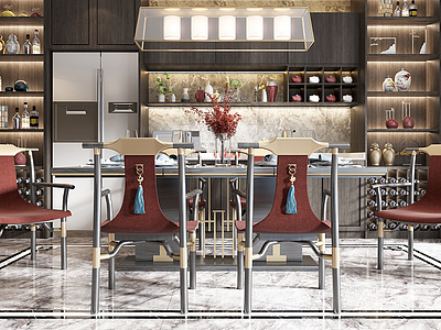 3d新中式餐厅餐桌餐椅模型