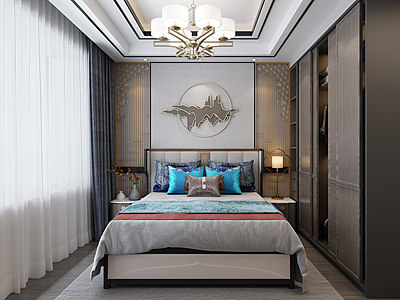 3d新中式卧室床床头柜模型