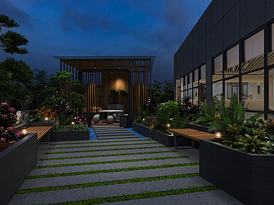 3d新中式屋顶花园露台模型