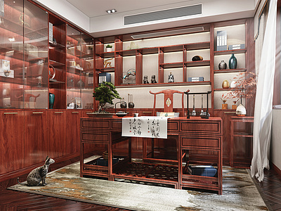 3d新中式风格书房书柜书桌模型