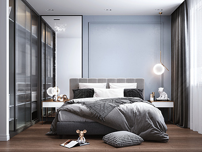3d北欧风格卧室双人床衣柜模型