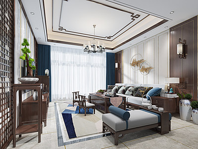 3d新中式客厅家具L型沙发模型
