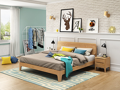 北欧卧室实木床3d模型