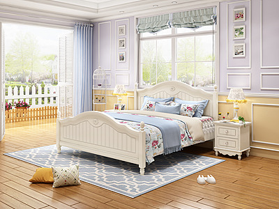 美式卧室白色床3d模型