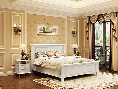 3d美式卧室白色床模型