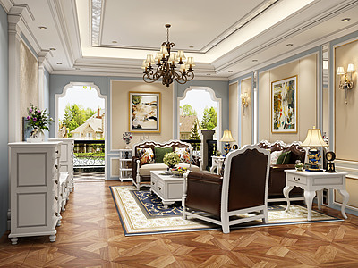 3d美式客厅多人沙发茶几模型