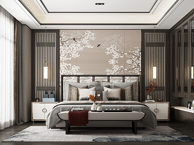 新中式卧室双人床模型3d模型