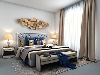 3d北欧卧室床品组合双人床模型