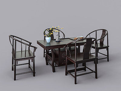 中式红木茶桌椅组合模型