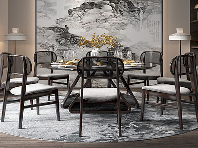 3d新中式圆餐厅圆餐桌餐椅模型