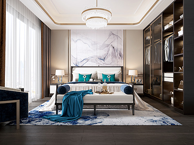 新中式卧室吊灯地毯3d模型