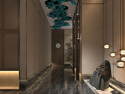 新中式洗浴中心走廊模型