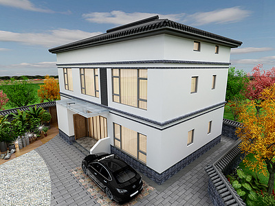 3d新中式双层住宅模型