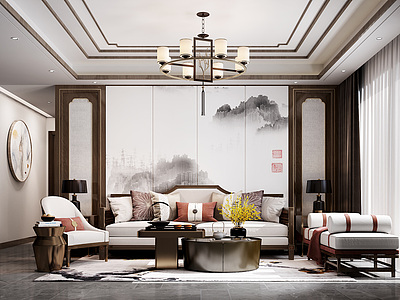 3d新中式客厅组合沙发茶几模型