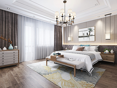 3d新中式主卧室床床品模型