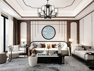 新中式客厅组合沙发茶几模型
