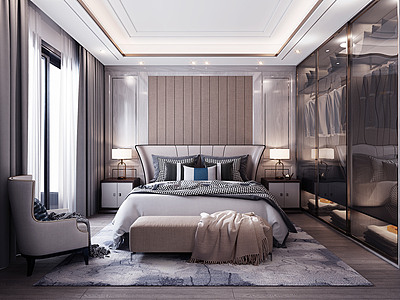 3d卧室床床头柜模型