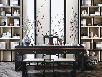 3d新中式风格书桌椅书柜模型