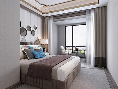 3d新中式次卧室模型