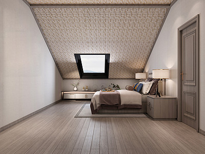 3d新中式阁楼卧室模型