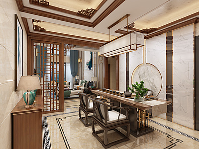 3d新中式风格客厅茶室模型
