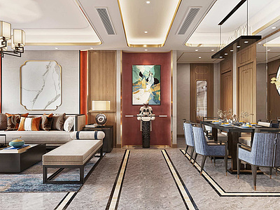 3d新中式风格客厅餐厅模型