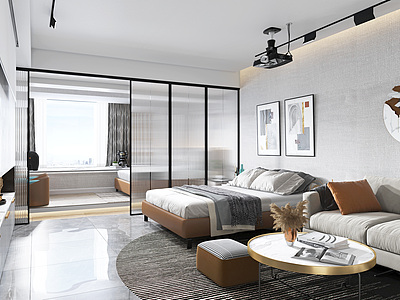 3d客厅单身公寓床床头柜模型