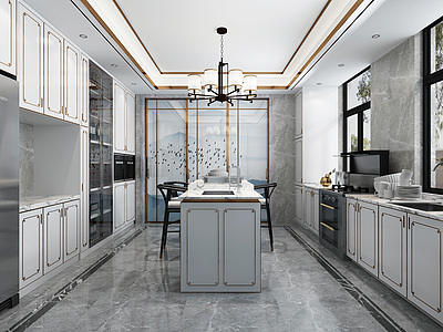 3d新中式厨房橱柜冰箱模型