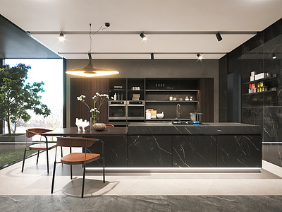 3d高级黑开放式厨房模型