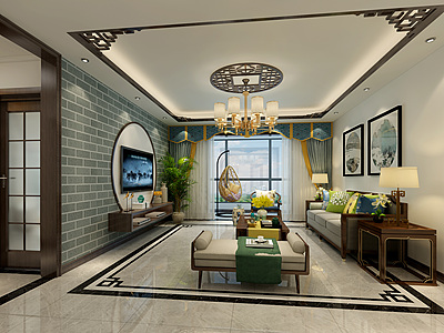 新中式客厅沙发吊灯模型3d模型