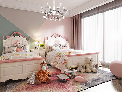 3d简美双床房儿童房模型