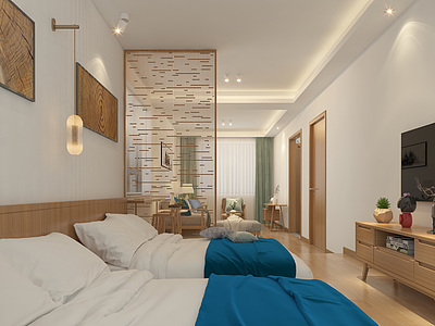 日式民宿卧室双人床沙发模型
