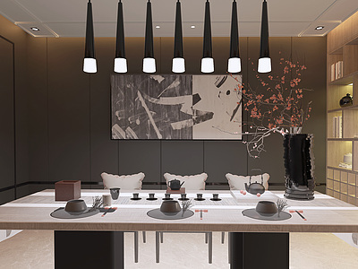 3d新中式茶室吊灯装饰画模型