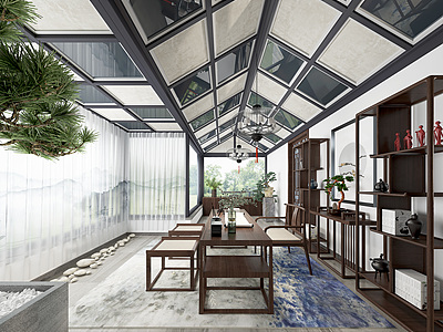 3d新中式茶室阳光房模型