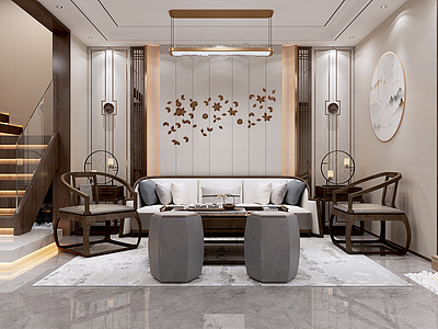 新中式客厅吊灯装饰画模型