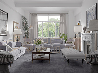 美式轻奢客厅沙发茶几模型3d模型