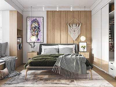 北欧卧室墙板床3d模型